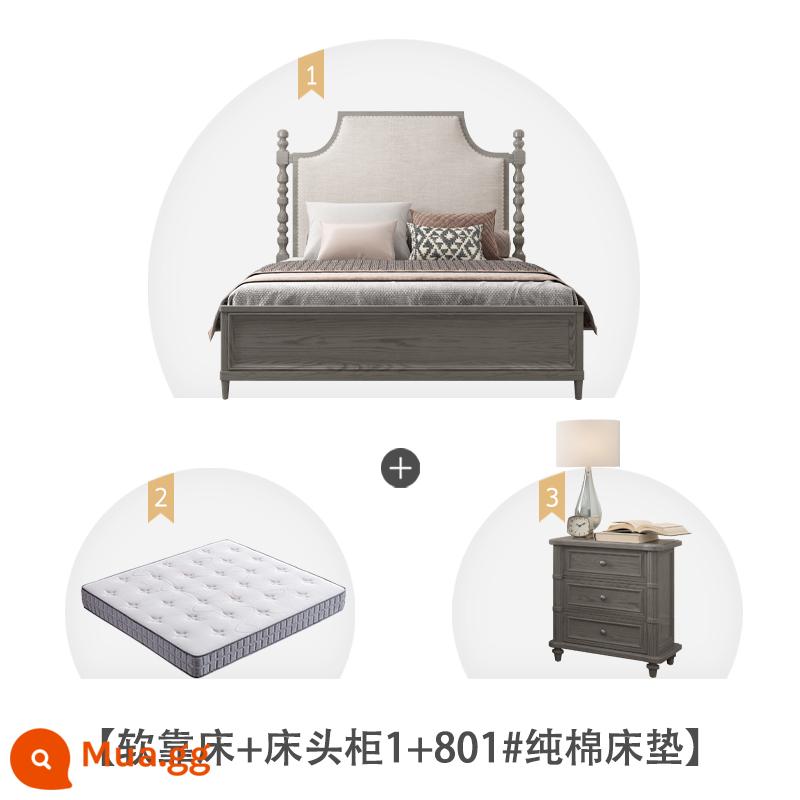 American Light Bed sang trọng Forh Gỗ phòng ngủ chính của người châu Âu -kiểu đôi giường đôi 1,8 mét Căn hộ nhỏ Pháp retro màu xám giường bằng gỗ rắn - Giường lưng mềm + bàn đầu giường 1 + 801# nệm cotton nguyên chất quý khách lưu ý màu sắc