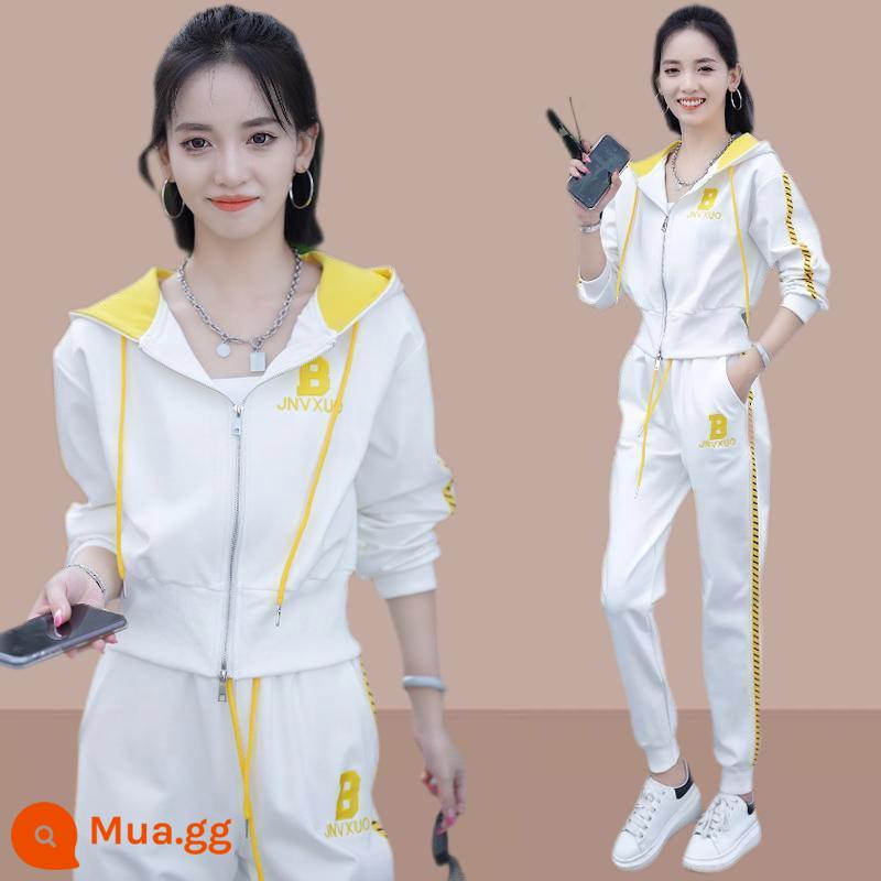 Bộ đồ thể thao thông thường bằng cotton nguyên chất dành cho nữ mùa xuân thu 2023 mới rộng rãi phong cách Hàn Quốc áo nỉ và quần dài có mũ trùm đầu - Màu vàng [bộ hai mảnh]