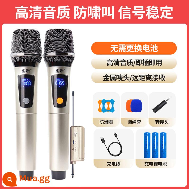 Micro không dây Sony Ericsson pin sạc một kéo hai có đầu thu FM sân khấu chuyên nghiệp máy tính gia đình micro hát karaoke quốc gia kết nối âm thanh ngoài trời ca hát chuyên dụng biểu diễn KTV phổ thông - [Mẫu sạc hàng đầu] Micrô kép + âm lượng có thể điều chỉnh + tần số có thể điều chỉnh