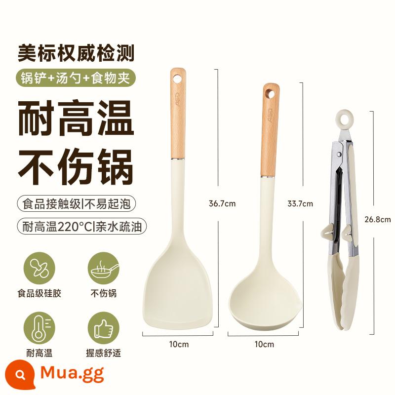 Thìa silicone ASD, thìa nồi chống dính gia dụng, dụng cụ nhà bếp chịu nhiệt độ cao cấp thực phẩm, thìa nấu ăn, rây súp - [Bộ 3 món] Thìa cán dài + thìa súp + kẹp gắp thức ăn