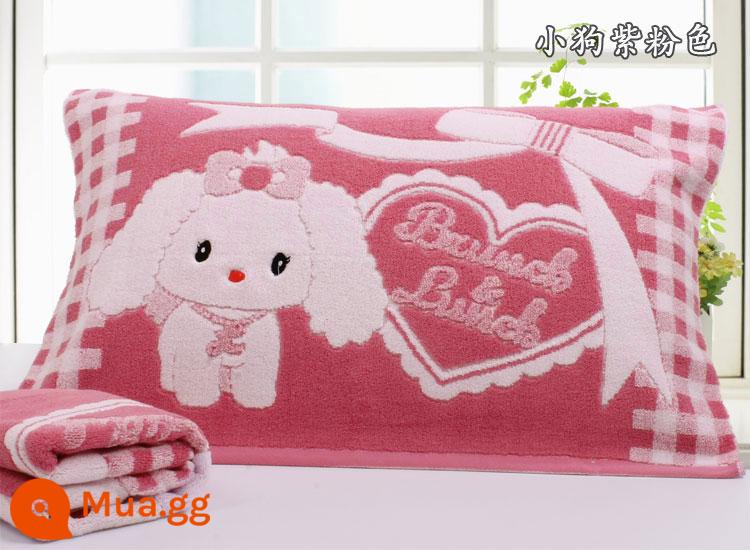 [Đặc Biệt Hàng Ngày] Khuyến Mãi Vỏ Gối Cotton Nguyên Chất Dày Và Cặp Lớn Mềm Mại Hoạt Hình Chính Hãng Không Phai Màu - Bộ hai chú chó con màu tím và hồng