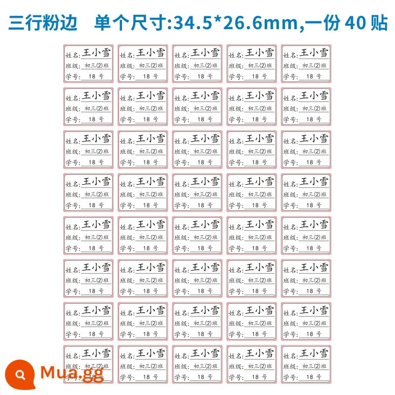 Trường tiểu học trung học cơ sở lớp số học sinh nhãn dán tên trong suốt không thấm nước nhãn dán tên giấy cốc nước nhãn dán nhãn tự dính tùy chỉnh - Ba hàng cạnh màu hồng