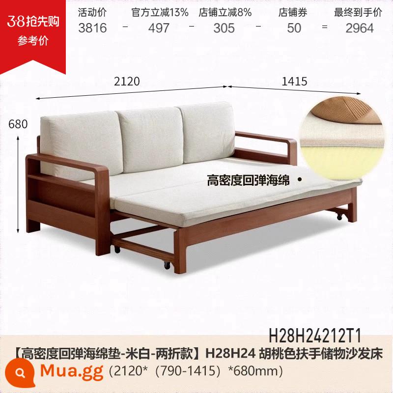 Genji Muyu tất cả các giường sofa gỗ nguyên khối gấp đôi sử dụng đơn giản, hiện đại đa chức năng có thể thu vào giường sofa lưu trữ phòng khách - Gỗ sồi màu óc chó 2,12m (màu trắng nhạt/tấm xốp) (2120*(790-1415)*680mm) H28H24