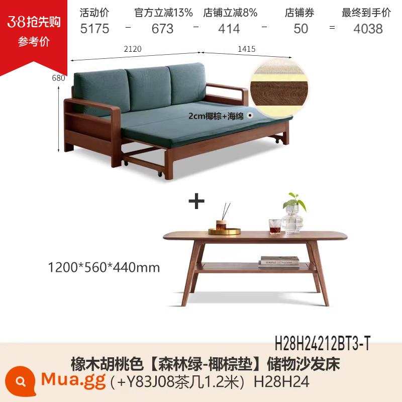 Genji Muyu tất cả các giường sofa gỗ nguyên khối gấp đôi sử dụng đơn giản, hiện đại đa chức năng có thể thu vào giường sofa lưu trữ phòng khách - Gỗ óc chó màu sồi 2,12m (thảm dừa/xanh rừng) + bàn cà phê 1,2m (Y83J08) H28H24