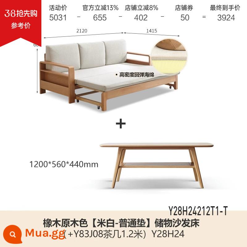 Genji Muyu tất cả các giường sofa gỗ nguyên khối gấp đôi sử dụng đơn giản, hiện đại đa chức năng có thể thu vào giường sofa lưu trữ phòng khách - Gỗ sồi màu 2,12m (màu trắng nhạt/đệm xốp) + Bàn cà phê 1,2m (Y83J08) Y28H24