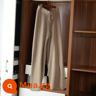 Quần ống rộng dệt kim cashmere cho nữ mùa thu đông co giãn lưng cao xếp nếp quần ống rộng ống rộng len dài lau sàn quần ống đứng - Đai rộng nâng cấp lạc đà