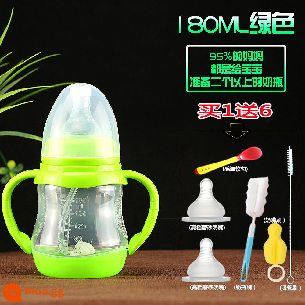 Bình sữa cho bé sơ sinh học cốc tập uống đường kính rộng có ống hút silicone tay cầm uống nước chống rơi kích thước nhựa - XH xanh 180ml đi kèm bộ sáu món