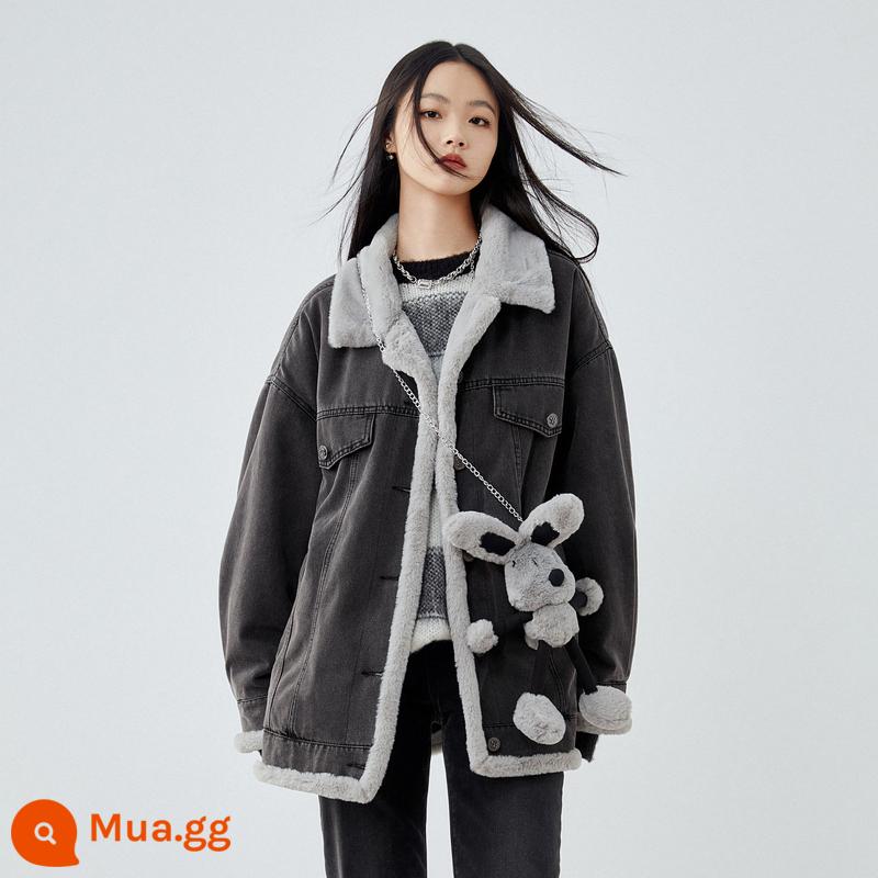 Peacebird Áo Khoác Denim Nữ Dày Màu Đen Mùa Đông 2023 Mới Rời Sang Trọng Tạo Cảm Giác Áo Hợp Thời Trang Và Thời Trang - xám đen 1