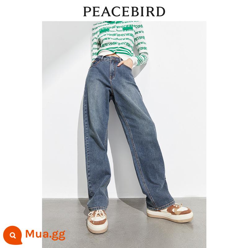 PEACEBIRD Retro Cao Cấp Ống rộng Quần Jean Mùa Xuân 2024 Mới Rời Dày Nhung Quần Ống Suông dành cho Nữ - Màu xanh denim