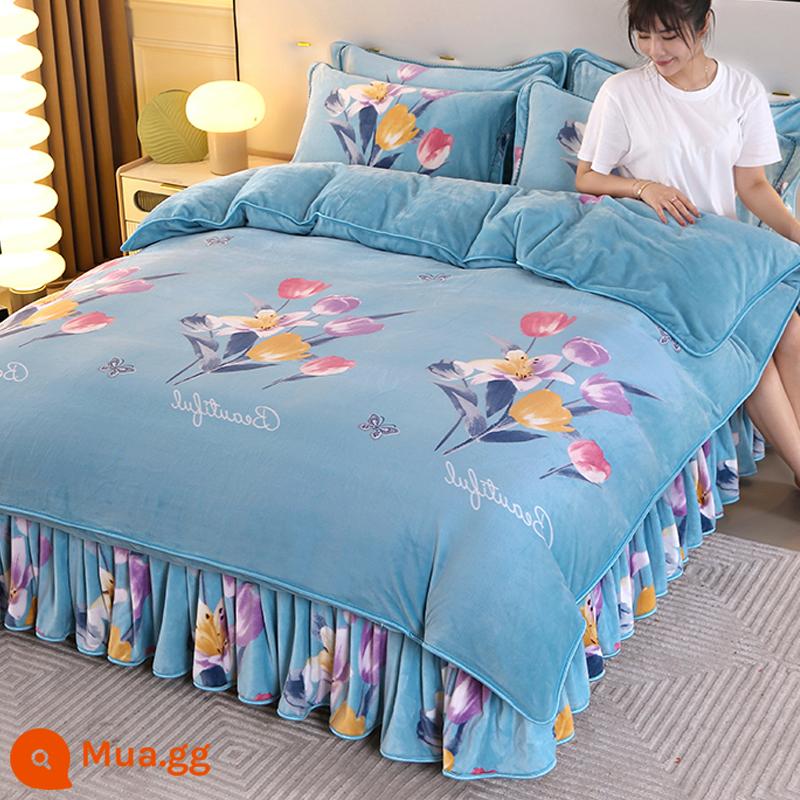 Nhung sữa dày nhung chồn vàng bộ đồ giường nhung san hô nhung Farley flannel bộ bốn mảnh hai mặt cộng với ga trải giường nhung mùa thu và mùa đông - Màu xanh thơm quyến rũ