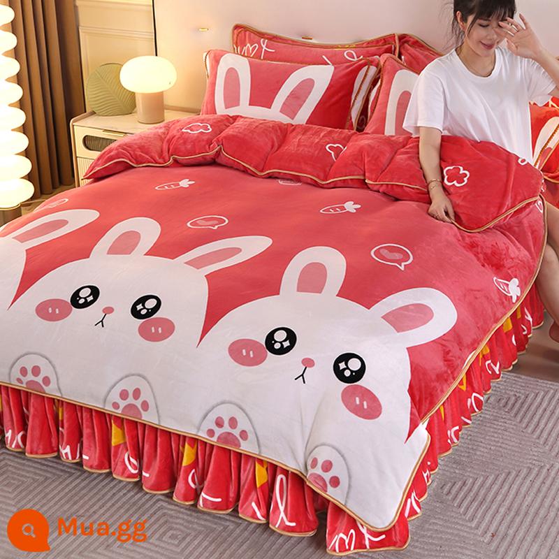 Nhung sữa dày nhung chồn vàng bộ đồ giường nhung san hô nhung Farley flannel bộ bốn mảnh hai mặt cộng với ga trải giường nhung mùa thu và mùa đông - Thỏ dễ thương