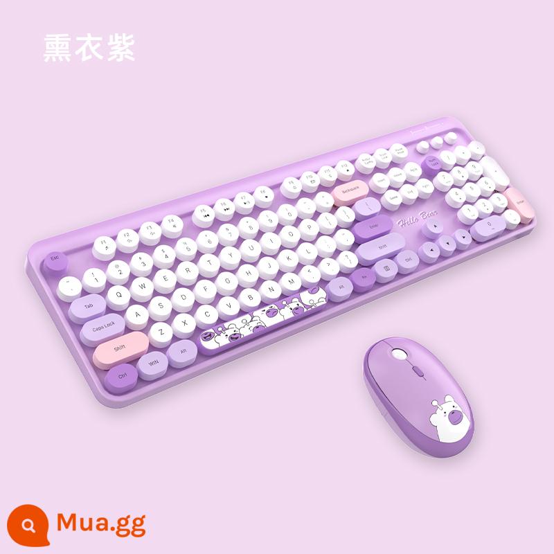 Đu Quay Tay Bộ Bàn Phím Và Chuột Không Dây Tròn Retro Keycap Bé Gái Màu Hồng Dễ Thương Máy Tính Xách Tay Máy Tính Để Bàn USB - Bộ bàn phím và chuột không dây màu tím oải hương Hello Bear đi kèm màng bàn phím, pin + thảm trải bàn lớn tinh tế