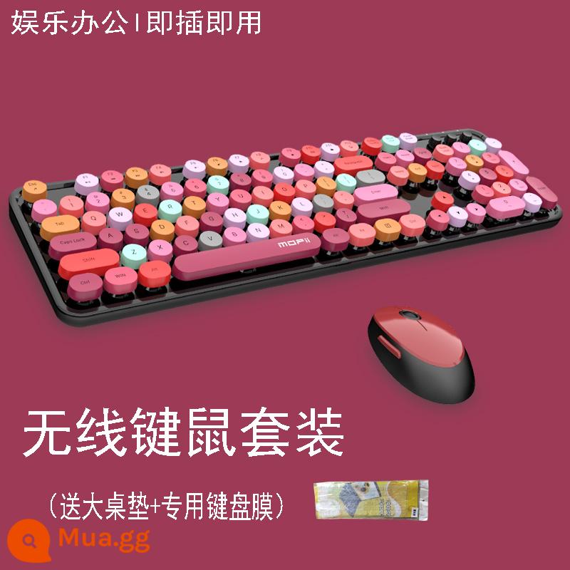 Đu Quay Tay Bộ Bàn Phím Và Chuột Không Dây Tròn Retro Keycap Bé Gái Màu Hồng Dễ Thương Máy Tính Xách Tay Máy Tính Để Bàn USB - [Son hỗn hợp nhiều màu] Tặng kèm thảm trải bàn lớn, tặng kèm màng + pin