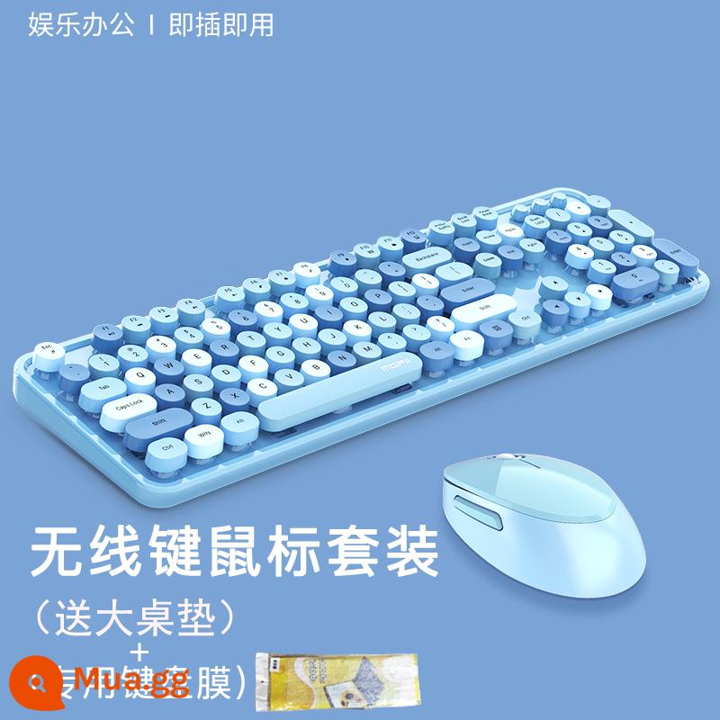 Đu Quay Tay Bộ Bàn Phím Và Chuột Không Dây Tròn Retro Keycap Bé Gái Màu Hồng Dễ Thương Máy Tính Xách Tay Máy Tính Để Bàn USB - [Màu xanh hỗn hợp] Thảm trải bàn lớn miễn phí, phim miễn phí + pin