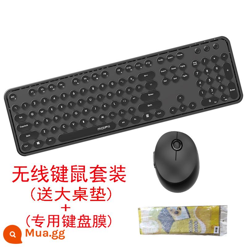 Đu Quay Tay Bộ Bàn Phím Và Chuột Không Dây Tròn Retro Keycap Bé Gái Màu Hồng Dễ Thương Máy Tính Xách Tay Máy Tính Để Bàn USB - Màu đen tặng kèm thảm trải bàn lớn + pin + màng bàn phím đặc biệt