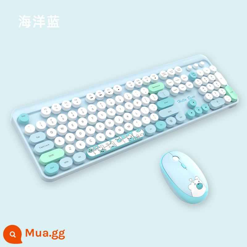 Đu Quay Tay Bộ Bàn Phím Và Chuột Không Dây Tròn Retro Keycap Bé Gái Màu Hồng Dễ Thương Máy Tính Xách Tay Máy Tính Để Bàn USB - Bộ bàn phím và chuột không dây Hello Bear màu xanh đại dương đi kèm màng bàn phím, pin + thảm trải bàn lớn tinh tế