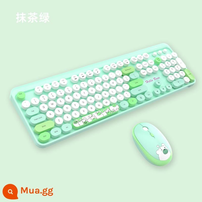 Đu Quay Tay Bộ Bàn Phím Và Chuột Không Dây Tròn Retro Keycap Bé Gái Màu Hồng Dễ Thương Máy Tính Xách Tay Máy Tính Để Bàn USB - Bộ bàn phím và chuột không dây Hello Bear xanh matcha đi kèm màng bàn phím, pin + thảm trải bàn lớn tinh tế