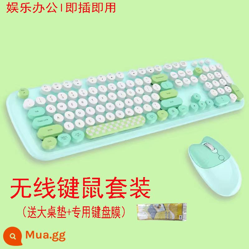 Đu Quay Tay Bộ Bàn Phím Và Chuột Không Dây Tròn Retro Keycap Bé Gái Màu Hồng Dễ Thương Máy Tính Xách Tay Máy Tính Để Bàn USB - [Light Bean Green] Tặng kèm thảm trải bàn lớn, tặng kèm phim + pin