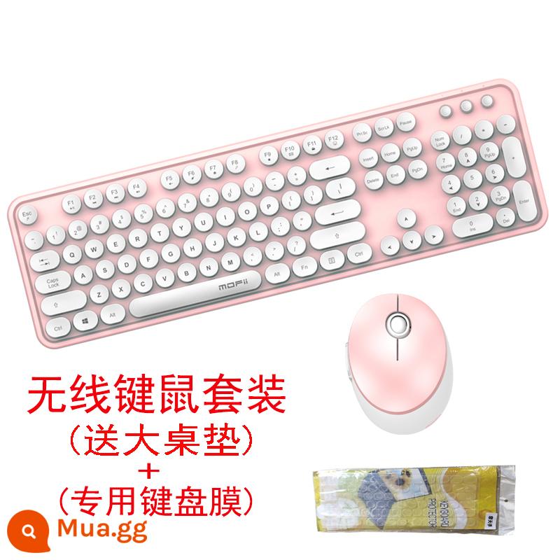 Đu Quay Tay Bộ Bàn Phím Và Chuột Không Dây Tròn Retro Keycap Bé Gái Màu Hồng Dễ Thương Máy Tính Xách Tay Máy Tính Để Bàn USB - Thảm trải bàn lớn màu trắng và hồng + pin + màng bàn phím đặc biệt