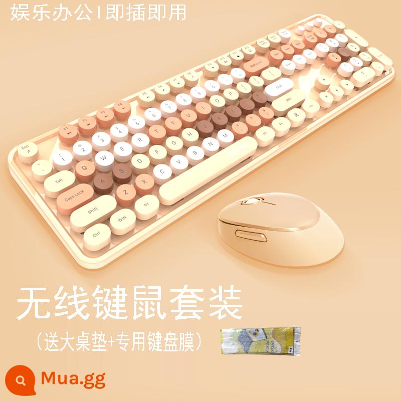 Đu Quay Tay Bộ Bàn Phím Và Chuột Không Dây Tròn Retro Keycap Bé Gái Màu Hồng Dễ Thương Máy Tính Xách Tay Máy Tính Để Bàn USB - [Trà Sữa Pha Màu] Tặng thảm trải bàn lớn, tặng kèm màng + pin