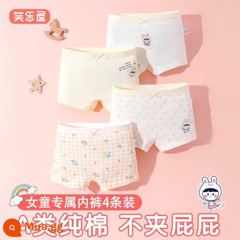 Quần sịp cotton nguyên chất cho bé gái, bé gái, bé gái, 100% bé gái, trẻ lớn, loại A, cotton bốn góc nguyên chất - [Loại A Cotton Nguyên Chất] Thỏ Nhảy Múa Góc Phẳng 4 Miếng PN338