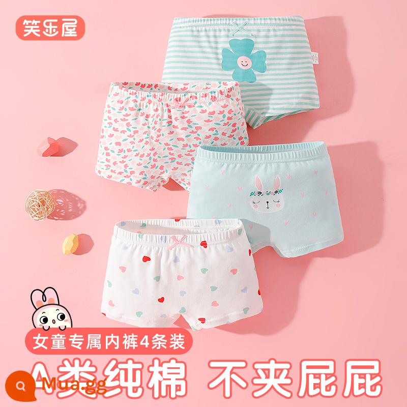 Quần sịp cotton nguyên chất cho bé gái, bé gái, bé gái, 100% bé gái, trẻ lớn, loại A, cotton bốn góc nguyên chất - [Loại A Cotton Nguyên Chất] Thỏ Xanh Dễ Thương Góc Phẳng 4 Pn234