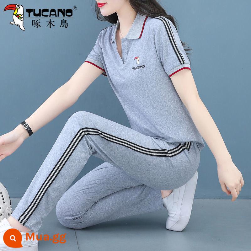 Bộ quần áo thể thao chim gõ kiến cotton mùa hè 2023 mới thời trang phong cách phương Tây cho người trung niên quần áo chạy bộ - xám