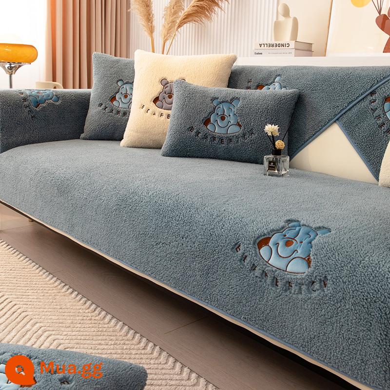 Mùa Đông Sang Trọng Ghế Sofa Đệm Bốn Mùa Đa Năng 2022 Mới Đệm Chống Trơn Trượt Chăn Bao Gồm Tất Đa Năng Bao Khăn Vải - Gấu hạnh phúc-màu xanh