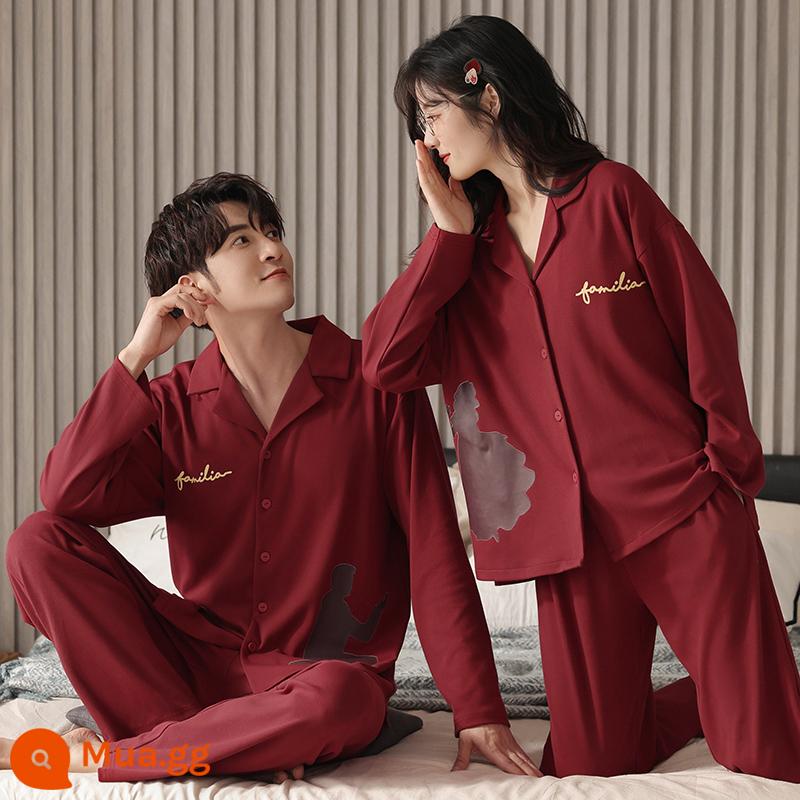 Bộ đồ ngủ đám cưới 100% cotton cho cặp đôi Mùa xuân và mùa thu Cotton nguyên chất Dài tay Lễ hội táo tàu mới kết hôn Bộ quần áo mặc nhà cho nam và nữ - Cặp đôi TS932