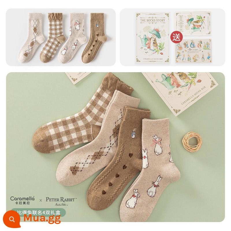 Caramella & Peter Rabbit doanh vớ nữ mùa xuân và mùa thu tất ống hộp quà tặng phiên bản Hàn Quốc của vớ dễ thương mùa thu và mùa đông - Hộp quà tặng tất len ​​đồng thương hiệu Peter Rabbit bộ màu nâu