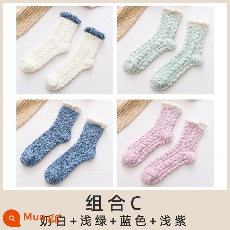 Nỉ mặc tất nữ mùa thu đông giam Plus nhung dày ấm sang trọng dễ thương ngủ nhà sàn cotton - Kết hợp C trắng sữa + xanh nhạt + xanh lam + tím nhạt (kiểu thông thường)