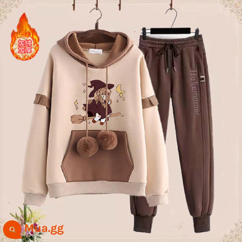 Học sinh trung học cơ sở Autumn and Winter Women Set Set 15-18 tuổi Phong cách học đại học dễ thương Quần Torian Quần Tor-Nữ Plus Velvet dày hai mảnh - Áo phù thủy sang trọng màu mơ và quần cà phê