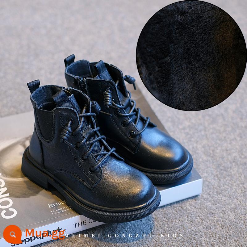 Trẻ em da Martin Boots 2022 Mùa xuân và mùa thu Công chúa mới Giày ngắn Mùa thu và mùa đông cộng với Boys Velvet Boys Fried Street Boots - bông đen