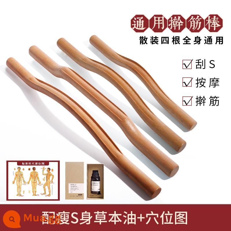 Thanh Gua sha, thanh gân khô, thanh gân cao cấp gia dụng, thanh gân tổng hợp toàn thân, thanh nạo vét kinh tuyến, thanh lăn đẩy lùi - Bộ 4 khúc (dùng toàn thân) tinh dầu thảo dược Slim S + sơ đồ huyệt đạo