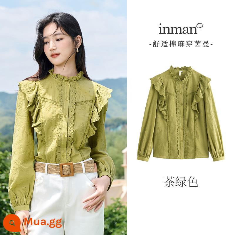 Inman Pháp Xù Áo Sơ Mi Nữ Thu Đông 2023 Mới Nguyên Chất Cotton Áo Sơ Mi Tay Dài 1/4 Inch Ổ Cắm Cờ Lê Tay Trắng hàng Đầu - Bán trước trà xanh