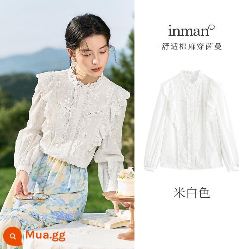 Inman Pháp Xù Áo Sơ Mi Nữ Thu Đông 2023 Mới Nguyên Chất Cotton Áo Sơ Mi Tay Dài 1/4 Inch Ổ Cắm Cờ Lê Tay Trắng hàng Đầu - màu trắng kem