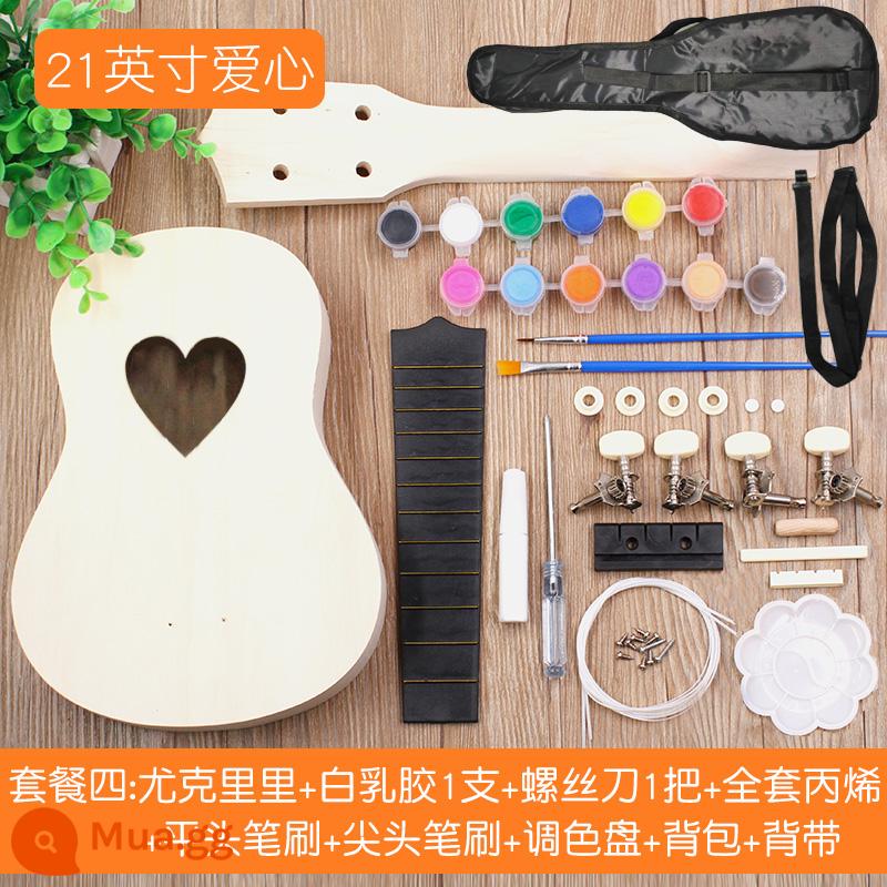 Lắp ráp đàn Ukulele DIY đàn guitar nhỏ handmade tự chế chất liệu gói vẽ tay bằng gỗ graffiti - Hình trái tim + sơn + ba lô 21 inch cho bé