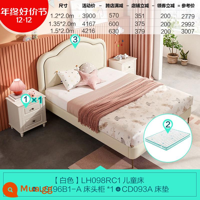 Lin Nhà Giường Trẻ Em Pháp Bé Gái Giường Công Chúa Khung Gỗ Chắc Chắn Giường Đơn 1.35 Mét Phòng Ngủ Lin's Wood ngành Công Nghiệp - [Mẫu cơ bản màu trắng] Giường mây + nệm + bàn cạnh giường ngủ