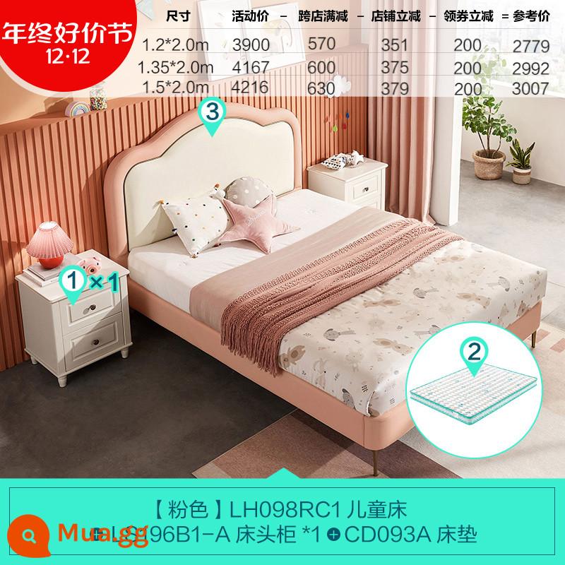 Lin Nhà Giường Trẻ Em Pháp Bé Gái Giường Công Chúa Khung Gỗ Chắc Chắn Giường Đơn 1.35 Mét Phòng Ngủ Lin's Wood ngành Công Nghiệp - [Mẫu cơ bản màu hồng] Giường mây + nệm + bàn cạnh giường ngủ