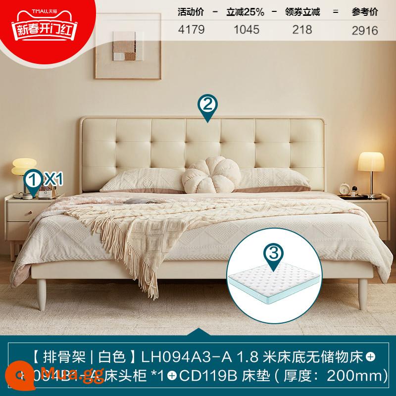 Lin's Home Phong cách kem hiện đại Giường gỗ nguyên khối mềm mại 1,5 mét Phòng ngủ đôi đơn lớn Lin's Wood Industry - [Da sinh thái | Khung] Giường gỗ nguyên khối mềm 1,8m + bàn cạnh giường ngủ + nệm (20cm)