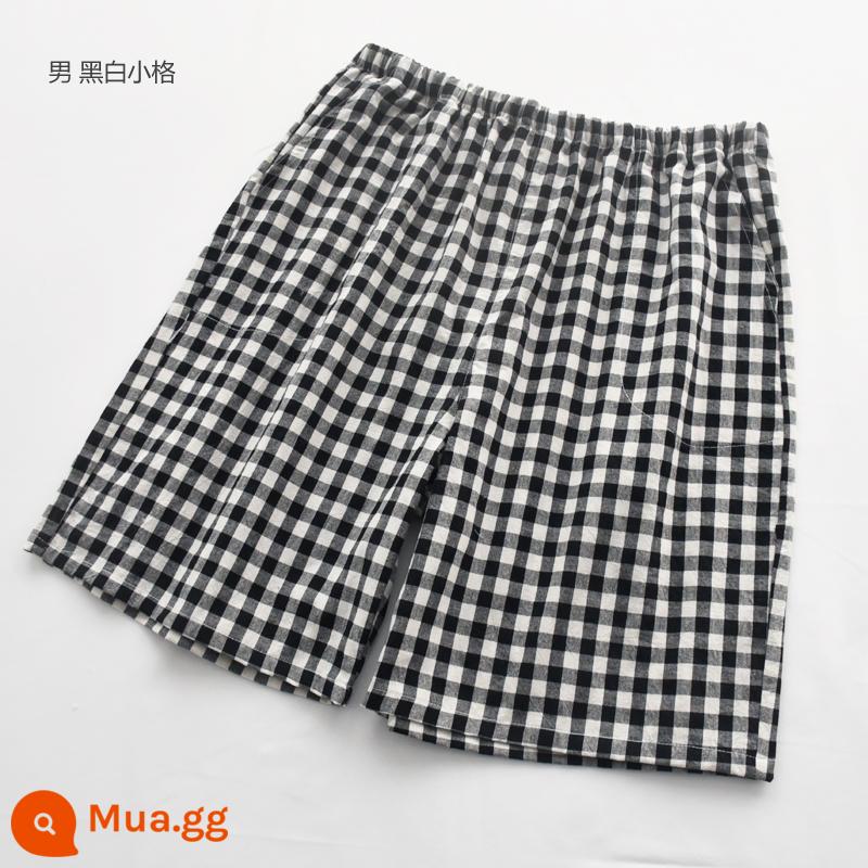 Kẻ sọc đơn giản Nhật Bản Bộ đồ ngủ nữ nam mùa hè cotton nguyên chất cotton giặt mỏng phần quần short đi biển cặp đôi nhà quần - Nam ca rô đen trắng [quần short cotton đã giặt]