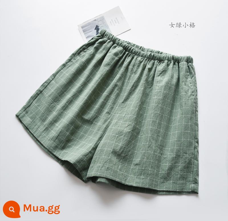 Kẻ sọc đơn giản Nhật Bản Bộ đồ ngủ nữ nam mùa hè cotton nguyên chất cotton giặt mỏng phần quần short đi biển cặp đôi nhà quần - Lưới nhỏ màu xanh lá cây nữ [quần short cotton đã giặt]