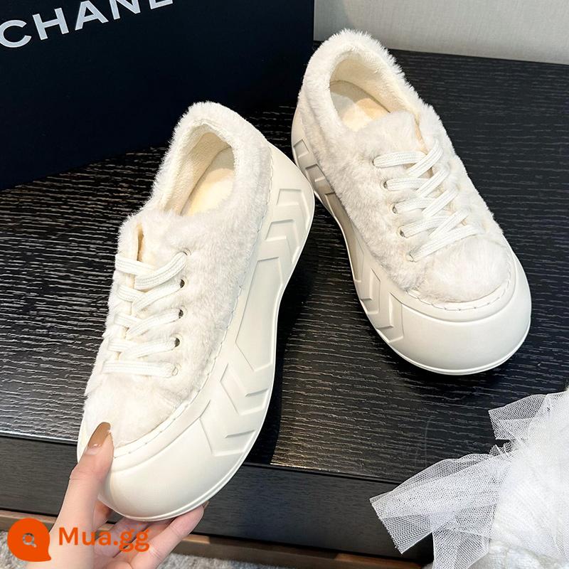 Giày len nữ thu đông áo khoác ngoài tăng chiều cao 2022 new plus nhung Hàn Quốc giày đế dày đế dày giày cotton trắng - Trắng