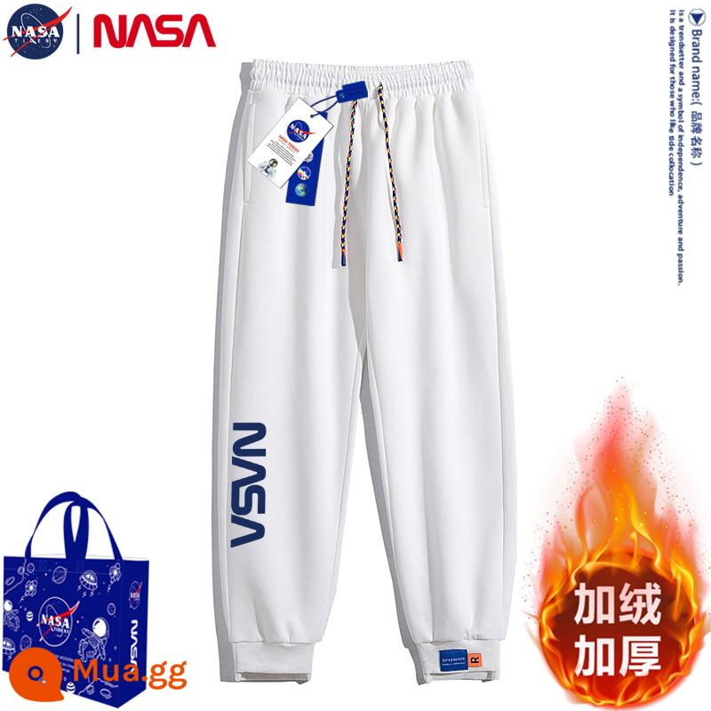 Quần dài thường ngày mùa thu đông đồng thương hiệu của NASA cộng với quần legging nhung và dày chín điểm Quần thể thao hợp thời trang và đa năng - Màu trắng [logo dọc của NASA] cộng với nhung và dày