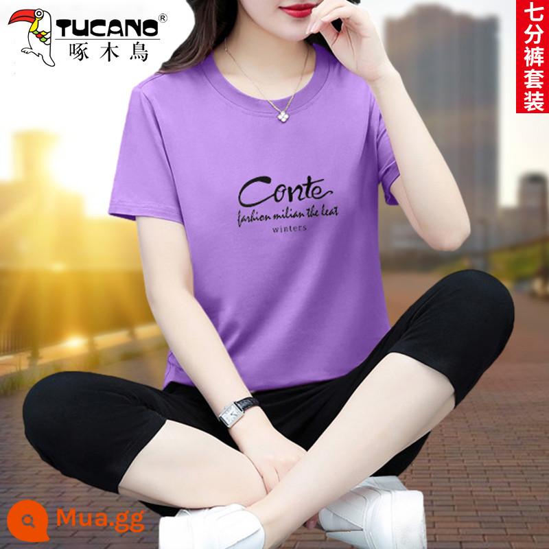 Chim Gõ Kiến Thường Bộ Đồ Thể Thao Nữ Cotton Mùa Hè 2023 Mẹ Mới Thời Trang Tay Ngắn Crop Quần 2 Bộ - Bộ quần crop màu tím