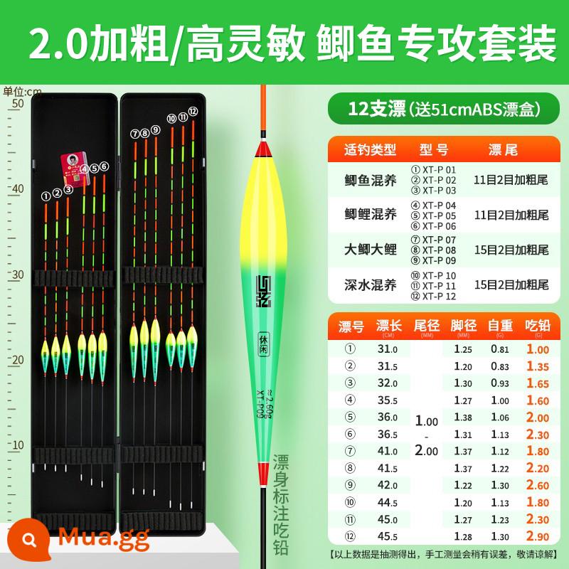 Bộ Phao Câu Cá Xiaofengxian Trọn Bộ Phao câu cá hoang dã có độ nhạy cao Nano Bold Phao câu cá chép bắt mắt Dây đai phao hộp chính hãng - 12 miếng [2.0 đậm/Bộ chuyên dụng cá chép Curian] Hộp drift Heartstrings-ABS