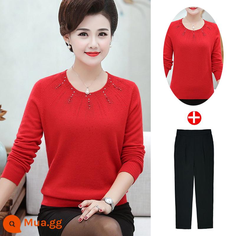 Áo len cashmere trung niên của phụ nữ 100 len nguyên chất áo khoác ngoài phong cách nước ngoài thu đông dệt kim áo len lông cừu chồn trung niên và cao tuổi - quần + đỏ