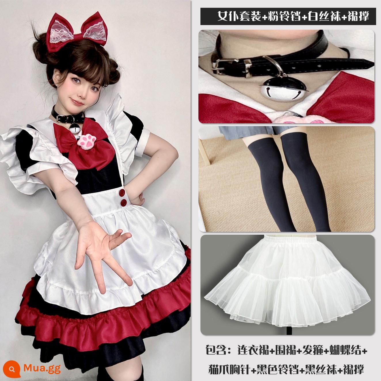 Mèo Hầu Gái Đầm Cos Lolita Hồng Tạp Dề Chuông Dễ Thương Size Lớn Gợi Cảm Đầm Giáng Sinh - Bộ đồ đen đỏ + chuông đen + tất đen + thúng