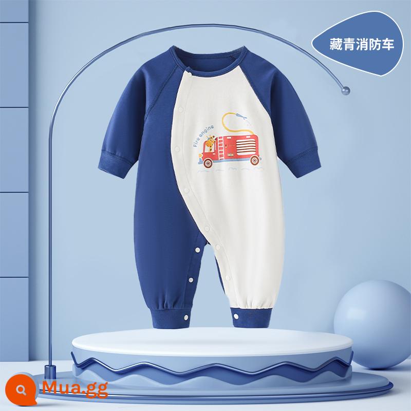 Bé áo liền quần quần áo trẻ em mùa thu đông cotton nguyên chất sơ sinh áo liền quần dày ấm áo liền quần cotton quần áo mùa đông - Xe cứu hỏa màu xanh Tây Tạng