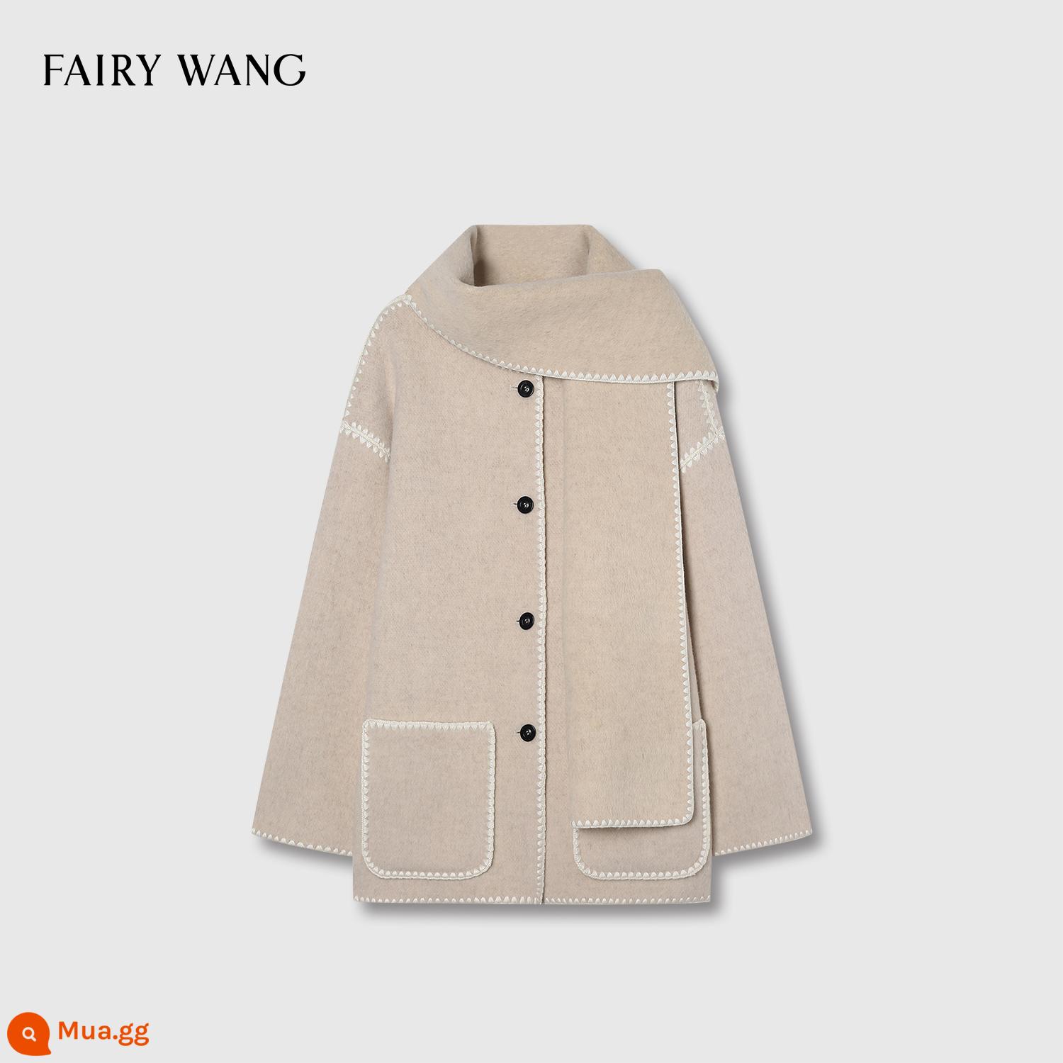 FAIRY WANG tùy biến cao cấp siêu rỗng vỏ len merino thêu lông hai mặt áo khoác có khăn quàng cổ - Mơ vani